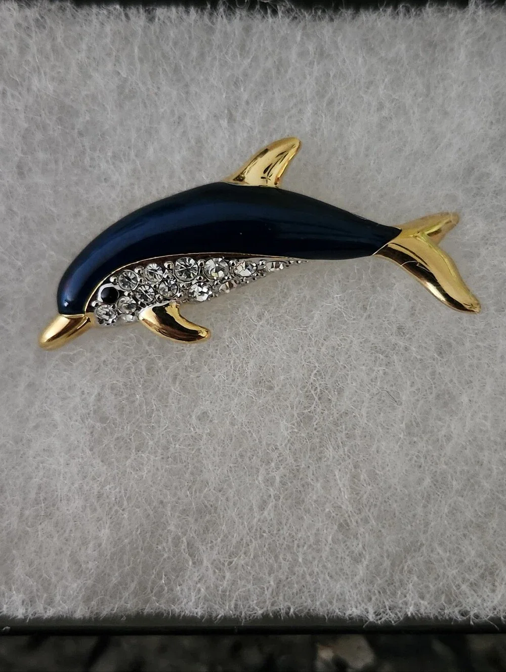 Dolphin Rhinestone Enamel Brooch - Blue & Gold Tone